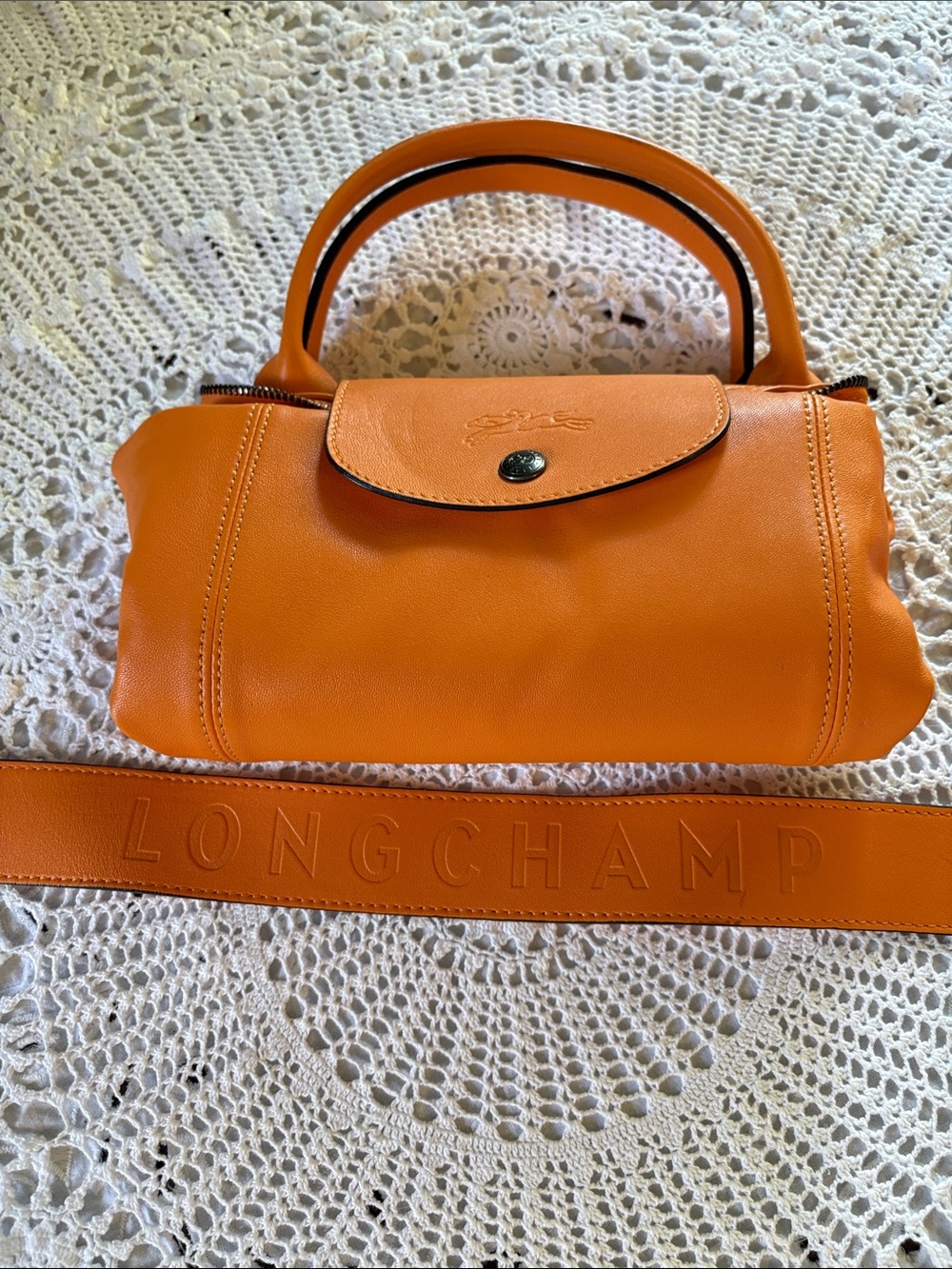 Longchamp Orange Tangerine Leather Satchel with Removable Strap
